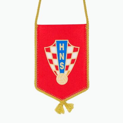 HNS Red Car Flag. Red banner with a central emblem featuring 'HNS' on a white background