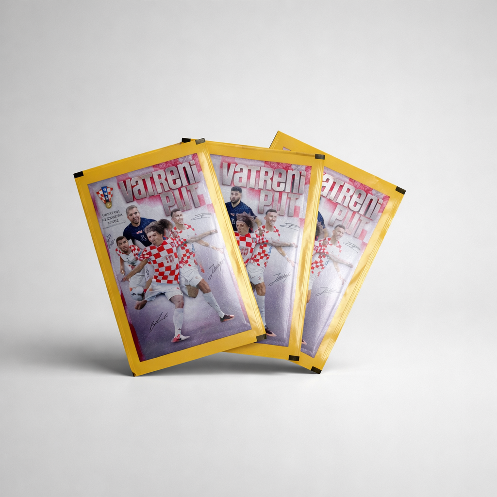 HNS Stickers Vatreni Three yellow frames with images of people in sports attire on a light gray background