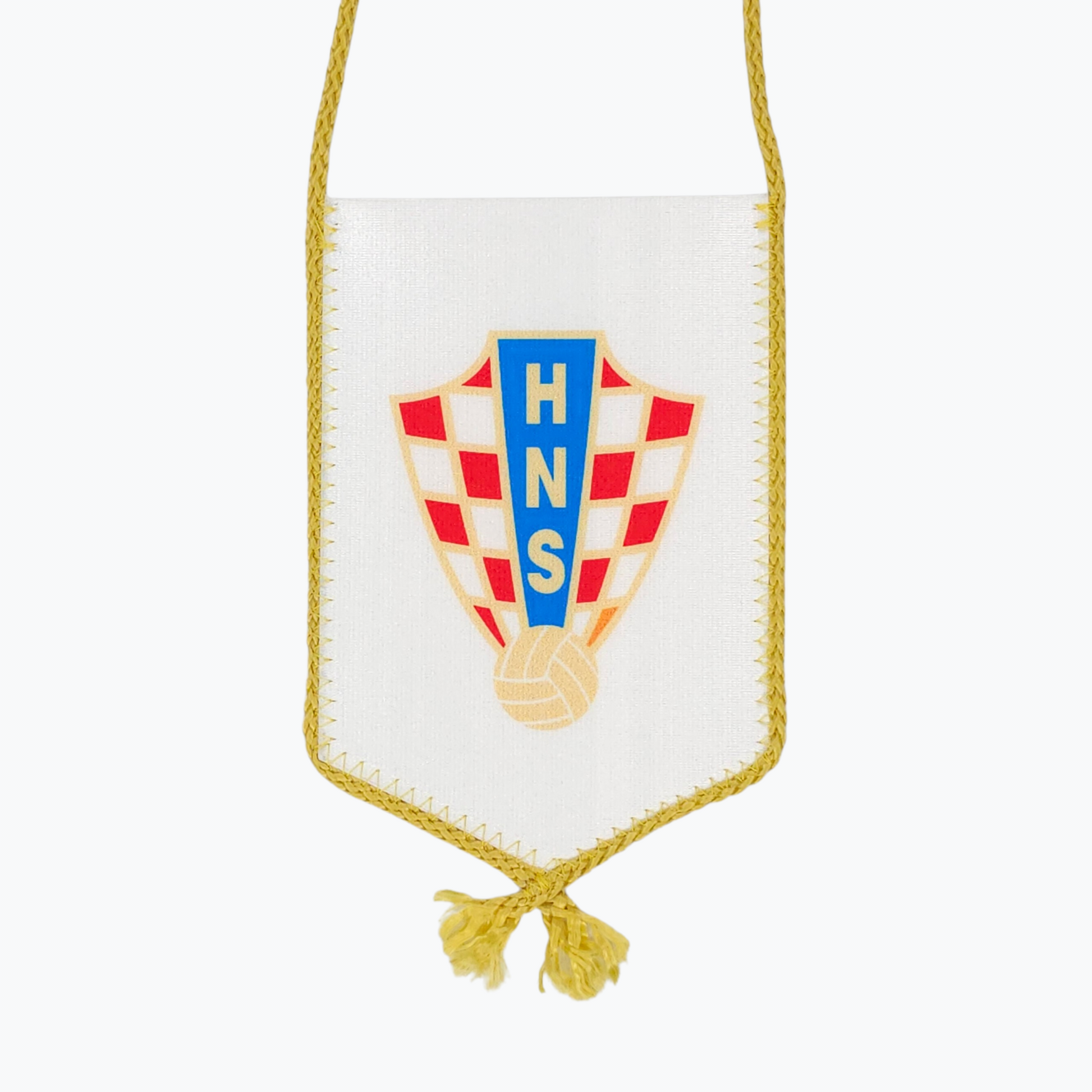 HNS White Car Flag. Small flag with a crest and 'HNS' letters on a white background