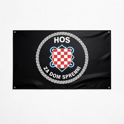HOS Flag single sided 150x90 Black flag with a red and white checkered emblem and text on a white background