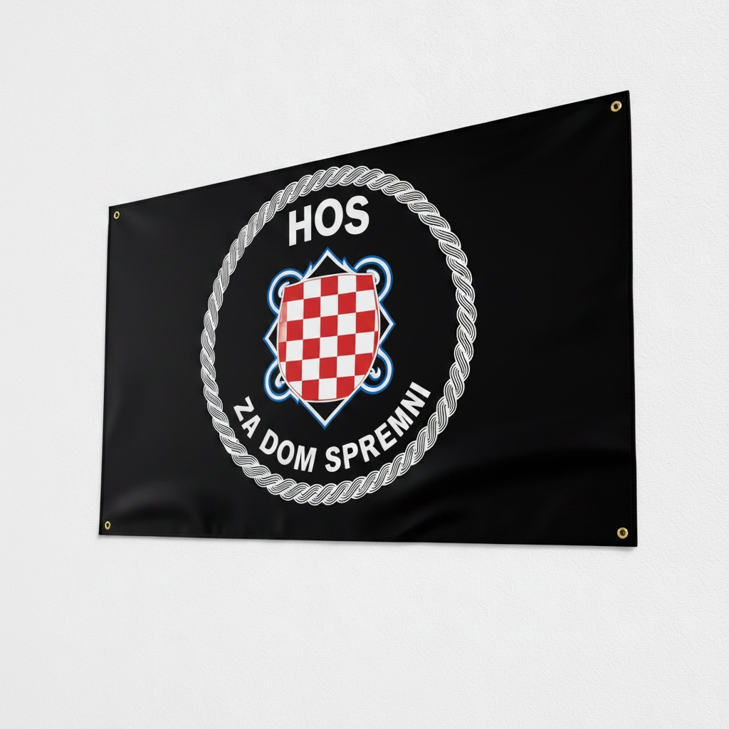 HOS Flag single sided 150x90 Black flag with a red and white checkered shield and text on a light gray background