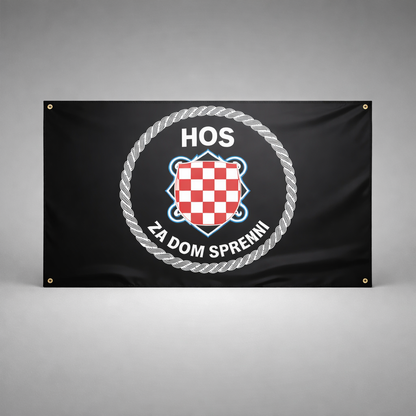 HOS Flag single sided 150x90 Black banner with a logo and text on a gray background