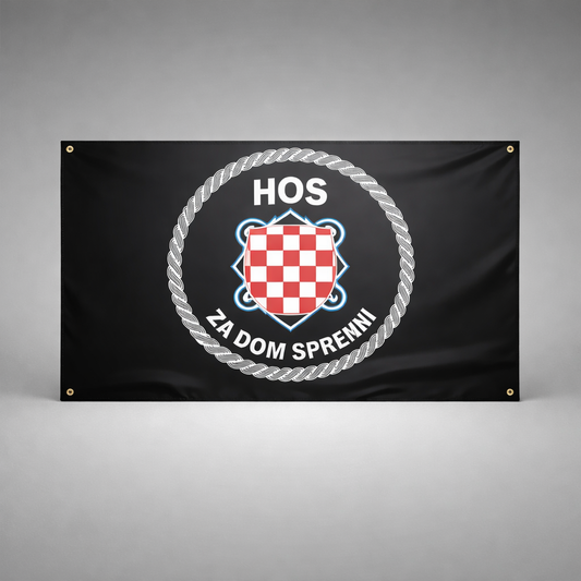 HOS Flag single sided 150x90 Black banner with a logo and text on a gray background