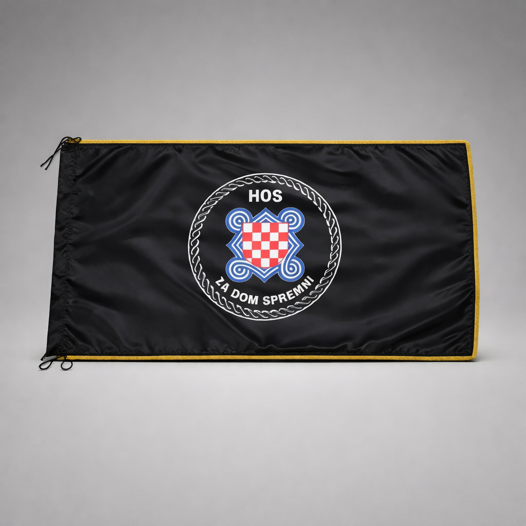 HOS Flag with Fringes 145x75 Black flag with a logo and text on a gray background