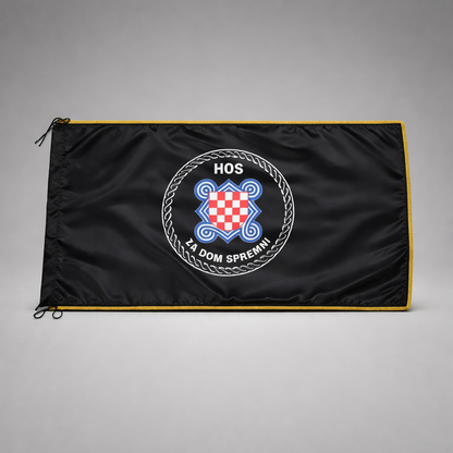 HOS Flag with Fringes 145x75 Black flag with a logo and text on a gray background