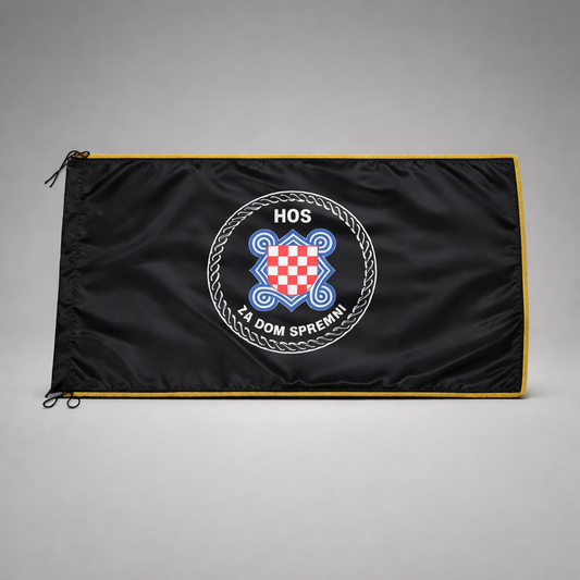 HOS Flag with Fringes 145x75 Black flag with a logo and text on a gray background