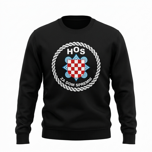 HOS Long Sleeve Top in Black Black sweatshirt with a logo and text on a white background