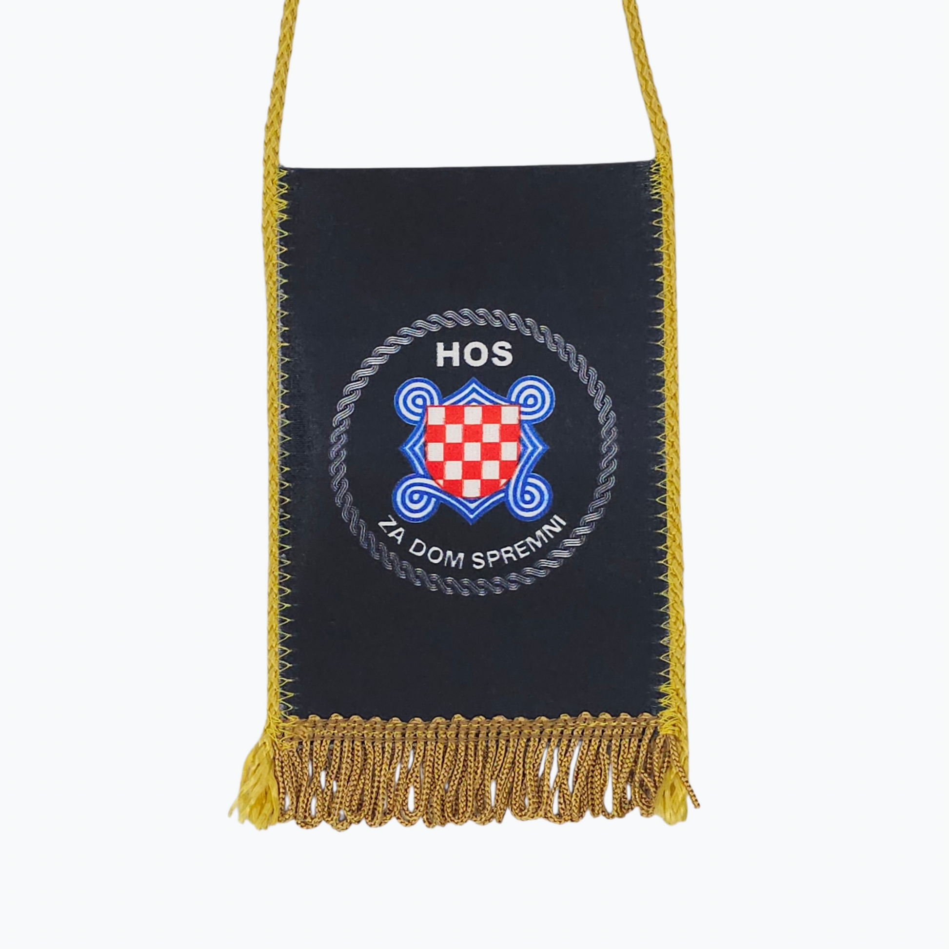 H O S Emblem Car Flag . Black pouch with gold fringe and embroidered logo on a white background