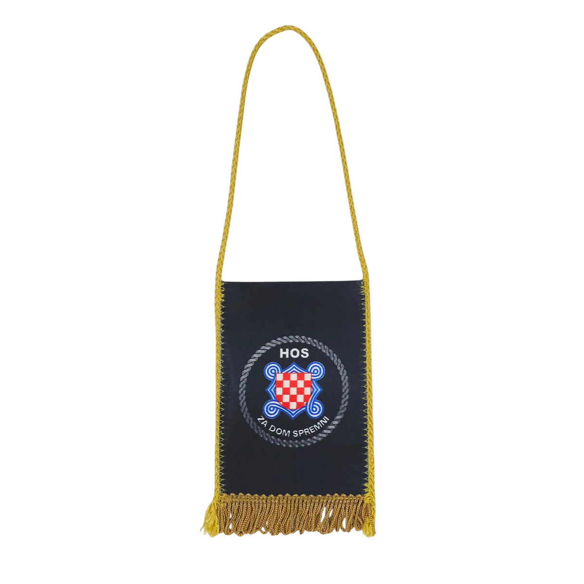 H O S Emblem Car Flag. Black bag with yellow strap and fringes, featuring a logo and text on a white background