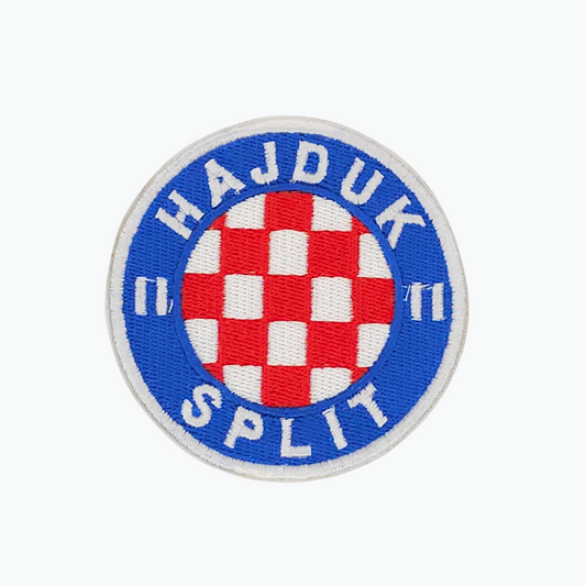 Hajduk Split Clothes Patch. Embroidered patch with 'Hajduk Split' text and checkered design on a white background