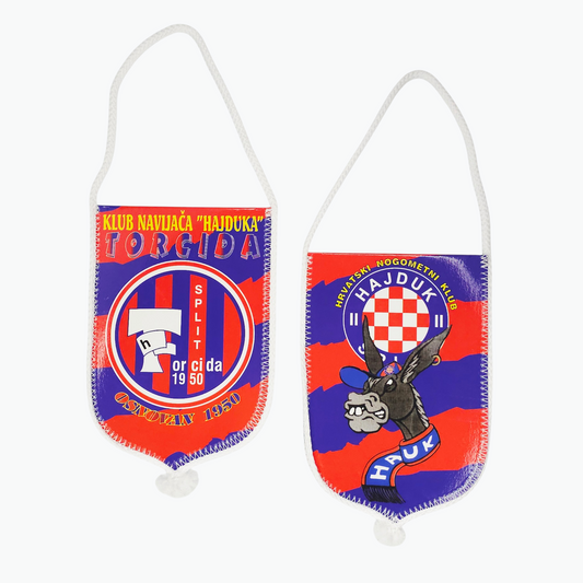 Hajduk Torcida 2-Sided Car Flag. Two colorful bags with donkey designs and text on a white background