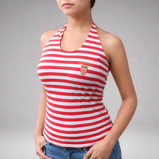 Halter Neck Top Croatia Red and white striped halter top with a logo on a gray background