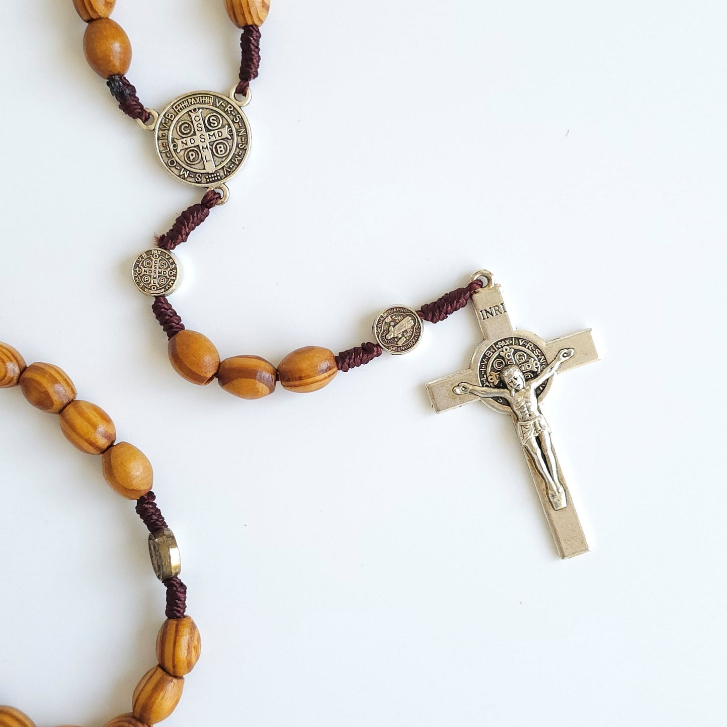 Handcrafted Wooden Saint Benedict Rosary – Silver Tone Crucifix & Medals