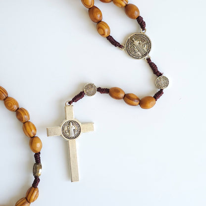 Handcrafted Wooden Saint Benedict Rosary – Silver Tone Crucifix & Medals