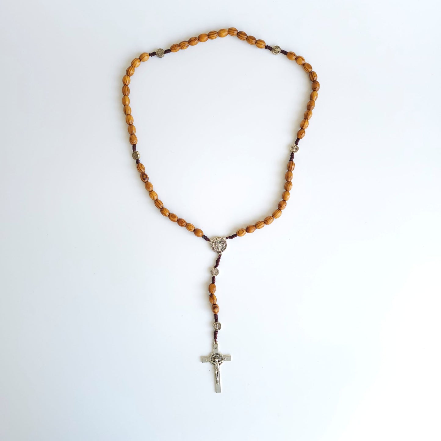 Handcrafted Wooden Saint Benedict Rosary – Silver Tone Crucifix & Medals