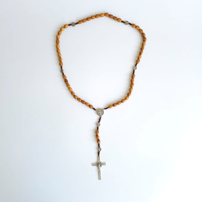 Handcrafted Wooden Saint Benedict Rosary – Silver Tone Crucifix & Medals
