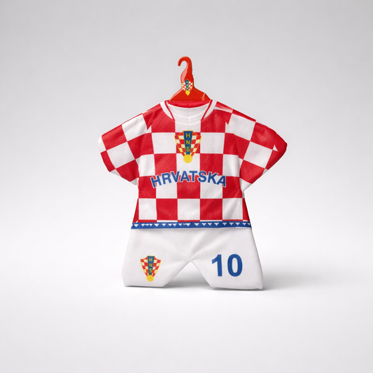 Hanging Decor Team Croatia - Double‑Sided Design with HNS Details Red and white checkered shirt with 'Hrvatska' text and number 10 on a hanger against a light gray background