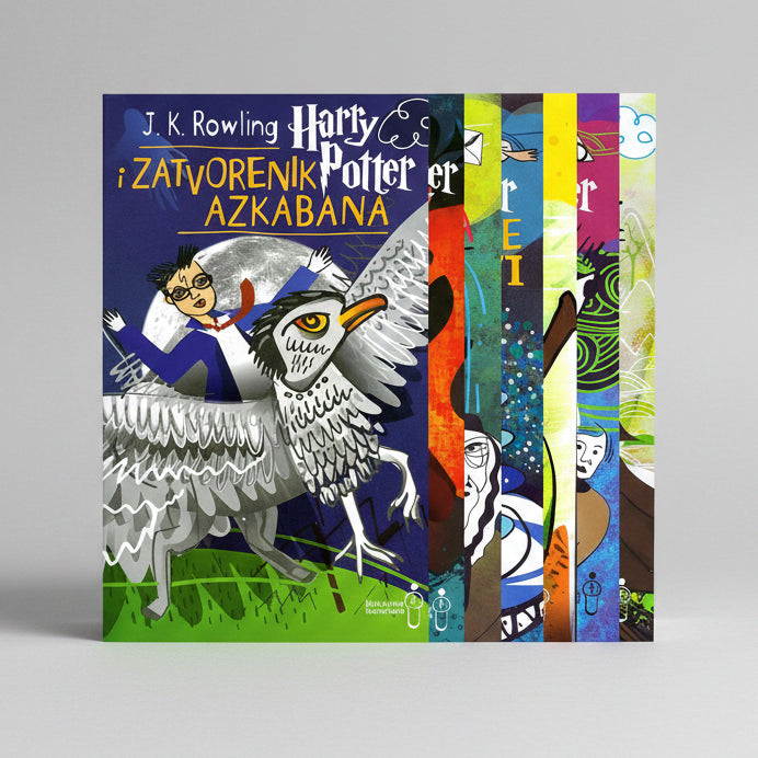 Harry Potter 7 Books Box Set (Croatian) Collection of 'Harry Potter' book covers with a prominent cover featuring a character and an owl.