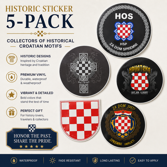 Historic Croatian Sticker Set – 5 Pack Historic sticker 5-pack with Croatian designs on a white background