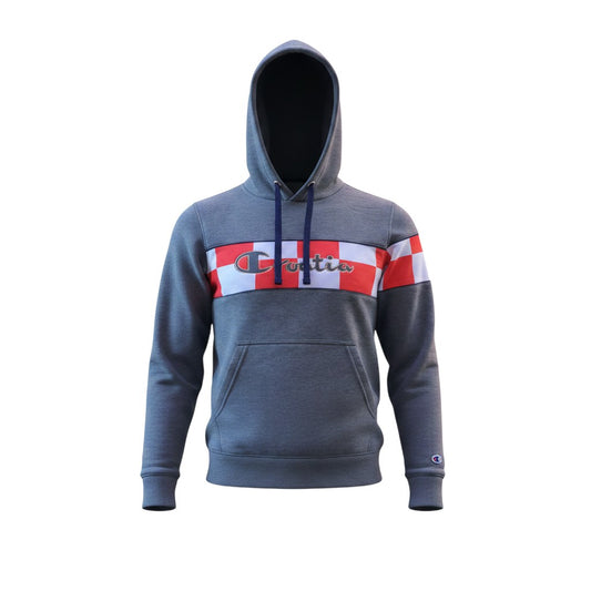 Hoodie Croatia in Grey Gray hoodie with red, white, and blue stripe on a white background