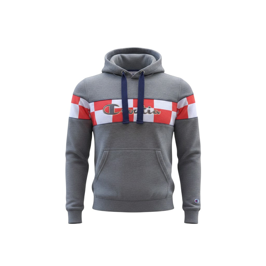 Hoodie Croatia in Grey Gray hoodie with red, white, and blue accents on a white background