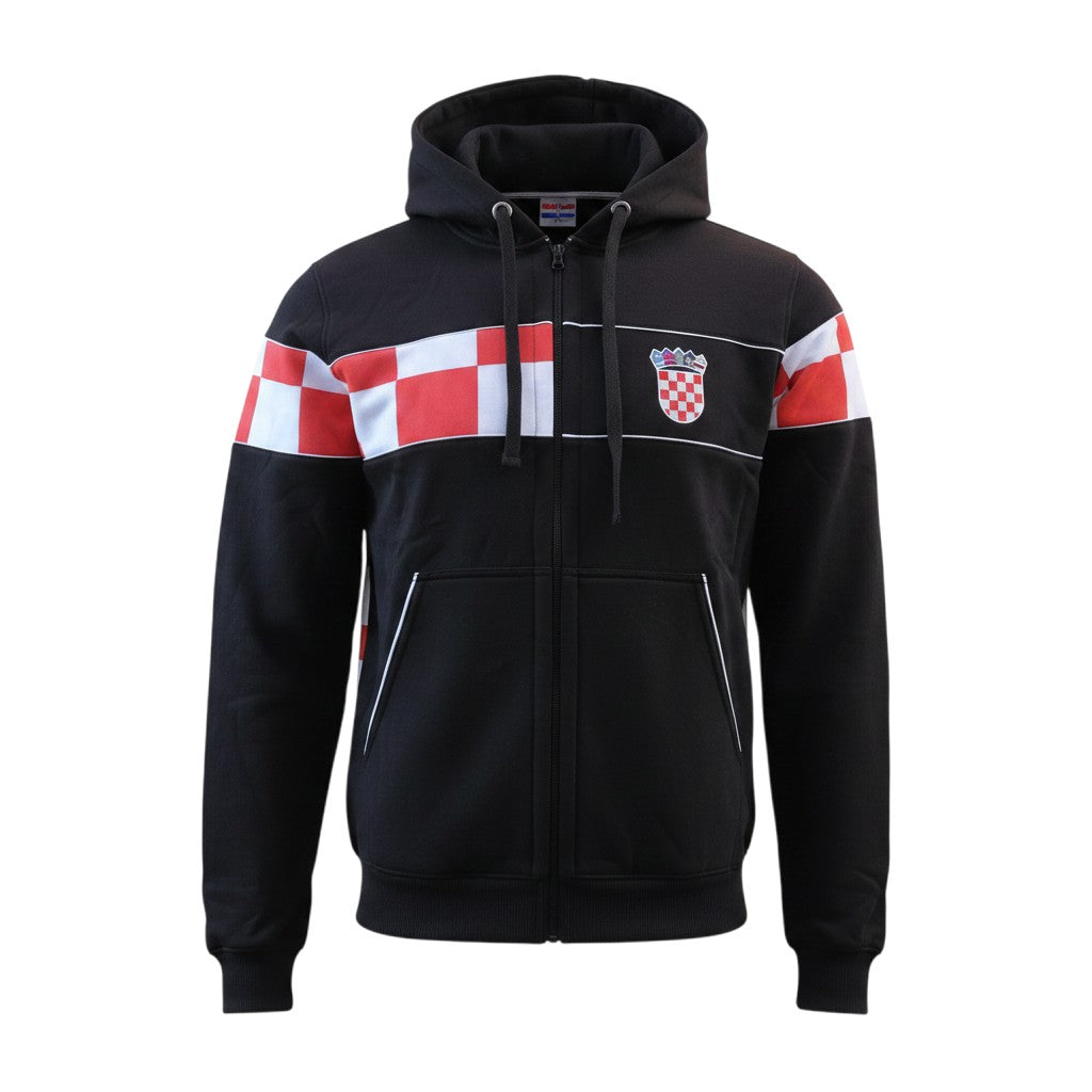 Black hoodie with red and white checkered pattern on sleeves and chest pocket on a white background