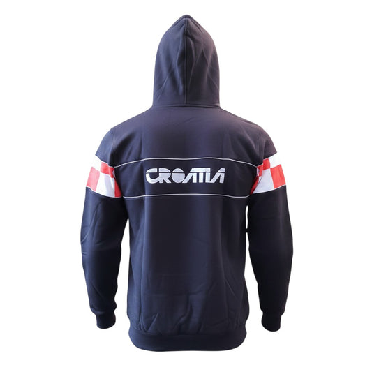 Navy hoodie with 'Croatia' text on the back against a white background