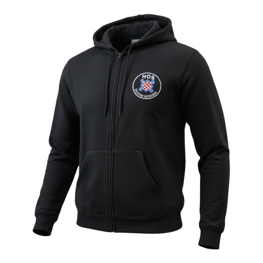 Black hoodie with a logo on the chest against a white background