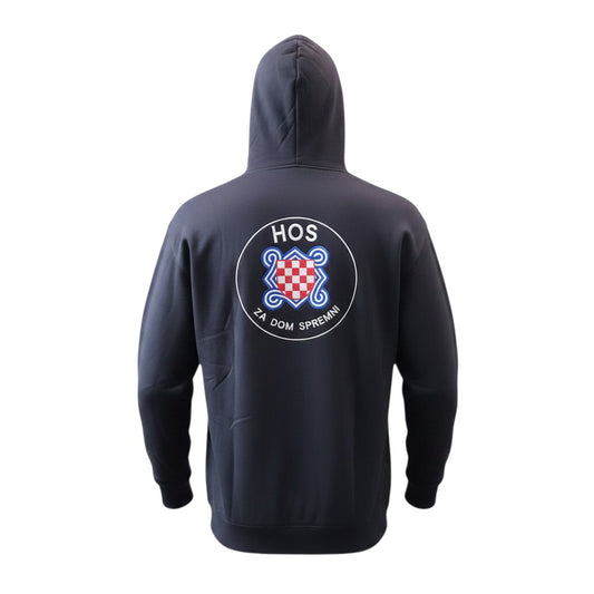 Black hoodie with a logo on the back against a white background