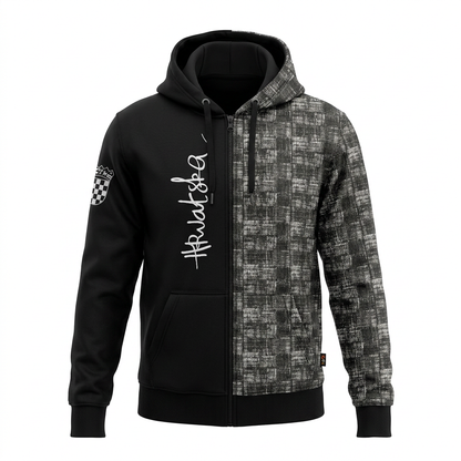 Hoodie / Jacket Hrvatska in black (limited edition) Black and gray patterned hoodie with white text on a white background shopncro