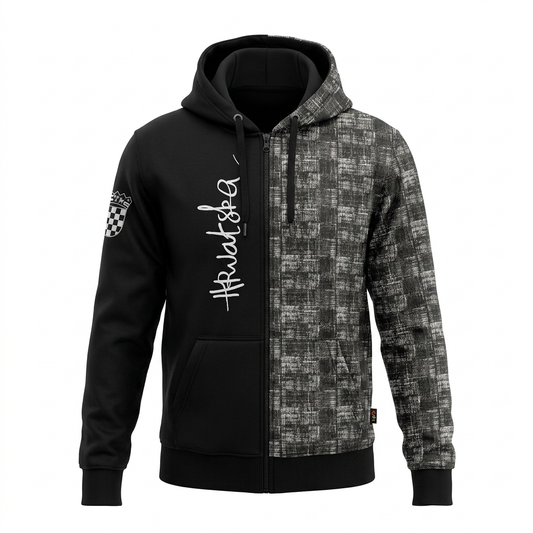 Hoodie / Jacket Hrvatska in black (limited edition) Black and gray patterned hoodie with white text on a white background shopncro