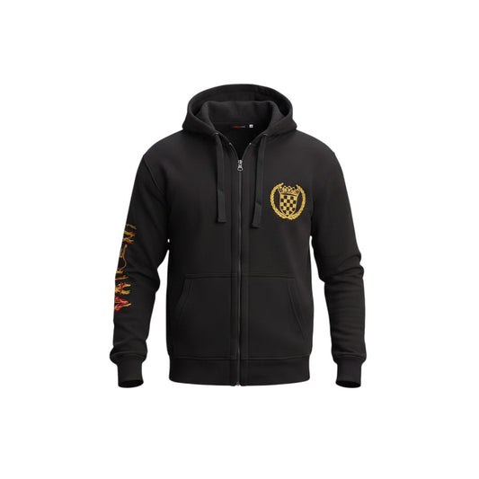 Black hoodie with a logo on the chest and colorful design on the sleeve against a white background