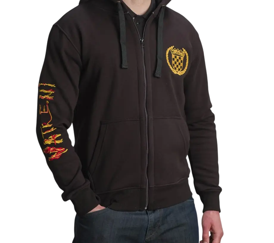 Black hoodie with yellow and red design on sleeve and chest, worn by a person.