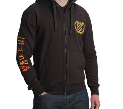 Black hoodie with yellow and red design on sleeve and chest, worn by a person.