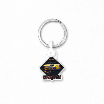 Hrvatska Iznad svih… acrylic Keychain Keychain with a geometric design and text on a white background