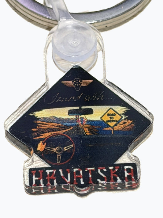 Hrvatska Iznad svih… acrylic Keychain Keychain with a diamond-shaped design featuring a car interior and text on a white background