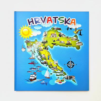 Hrvatska – Veseli Zemljopis Colorful map of Croatia with illustrations and 'HRVATSKA' text on a blue background