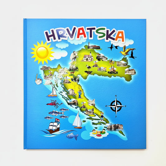 Hrvatska – Veseli Zemljopis Colorful map of Croatia with illustrations and 'HRVATSKA' text on a blue background