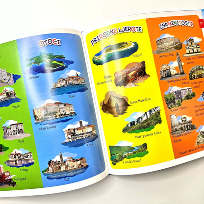 Hrvatska – Veseli Zemljopis Open book with colorful pages featuring illustrations of locations and landmarks