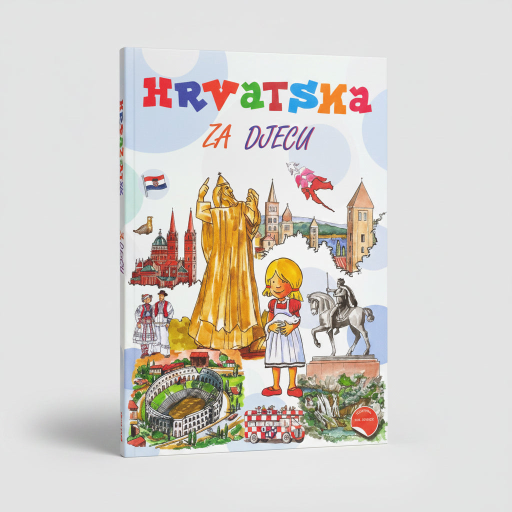 Hrvatska za Djecu – Turistički Vodič s Naljepnicama Book cover of 'Hrvatska za djecu' with illustrations of Croatian landmarks and a girl.