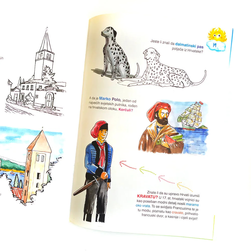 Hrvatska za Djecu – Turistički Vodič s Naljepnicama Educational book page with illustrations of a dog, castle, and Marco Polo.