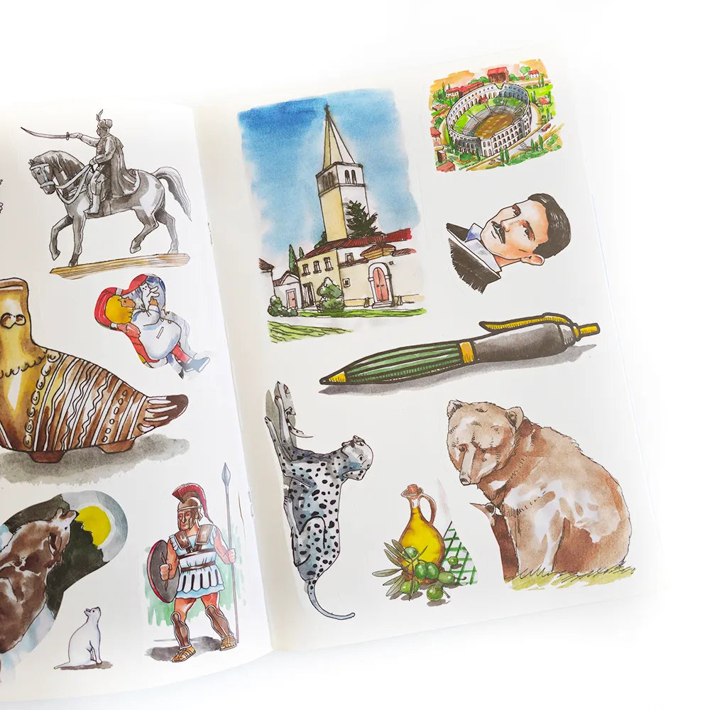 Hrvatska za Djecu – Turistički Vodič s Naljepnicama Collection of illustrated stickers featuring various designs on a white background