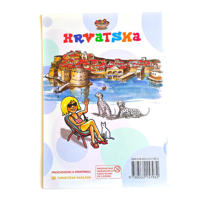 Hrvatska za Djecu – Turistički Vodič s Naljepnicama Book cover with a colorful illustration of a coastal scene, people, and animals on a white background.