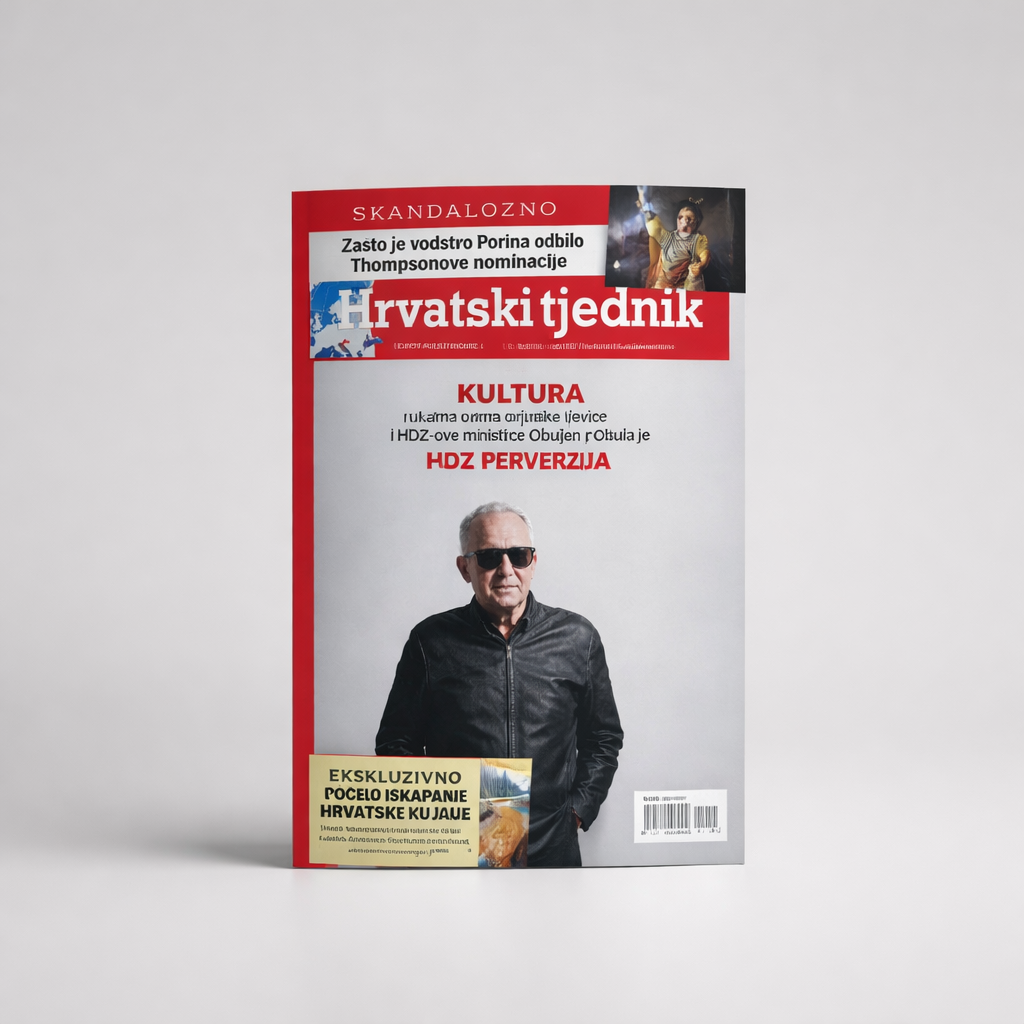 Hrvatski Tjednik Magazine Croatian Magazine cover with a person wearing sunglasses on a gray background