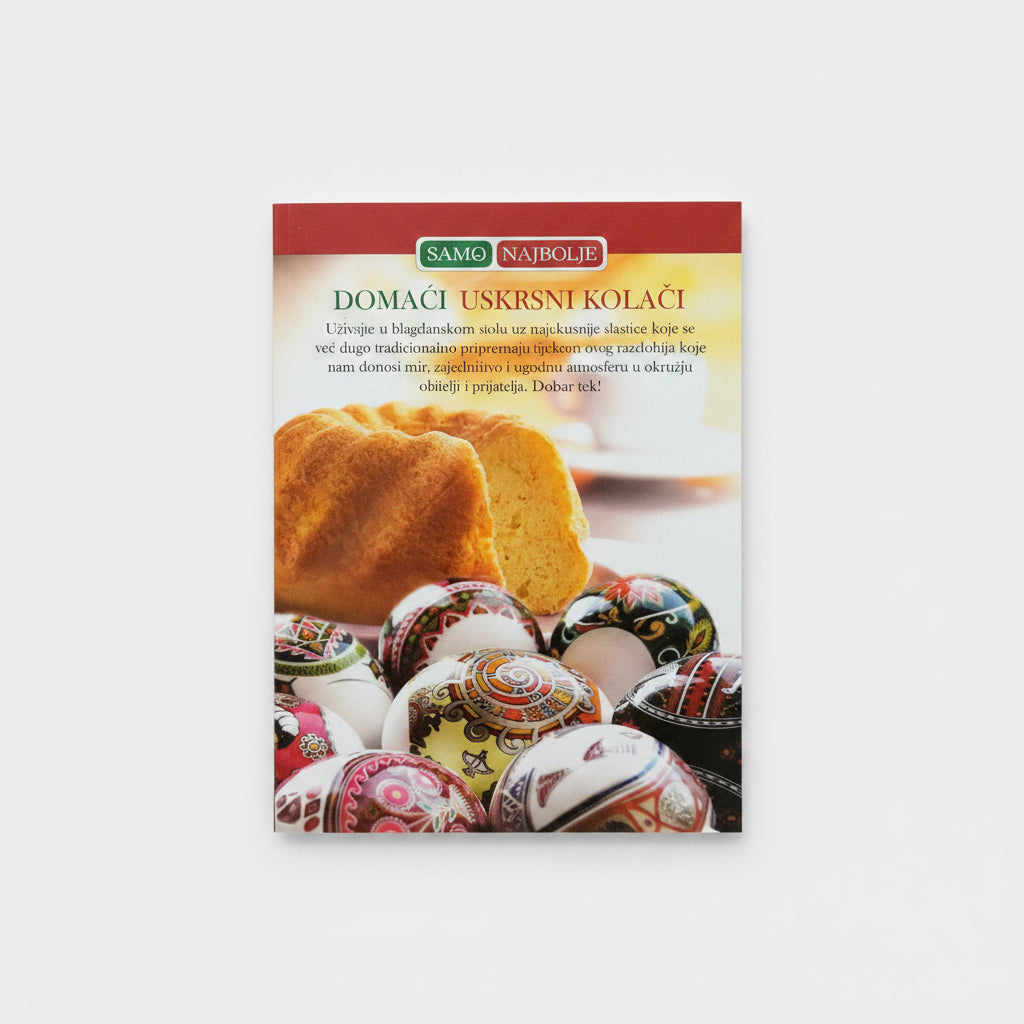Domaći uskrsni kolači (Traditional Croatian Easter Recipes) Packaging of traditional Easter cookies with colorful eggs and a loaf of bread on a white background.