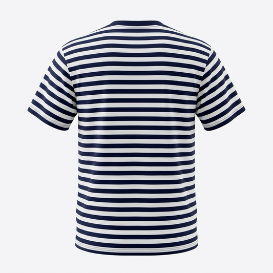 T-shirt Dalmatia Round Neck Navy and white striped t-shirt on a light gray background