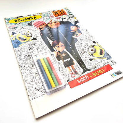 Kako Je GRU Postao Dobar: Kreativne Aktivnosti – Bojanka Coloring book with Minions and coloring pencils on a white background