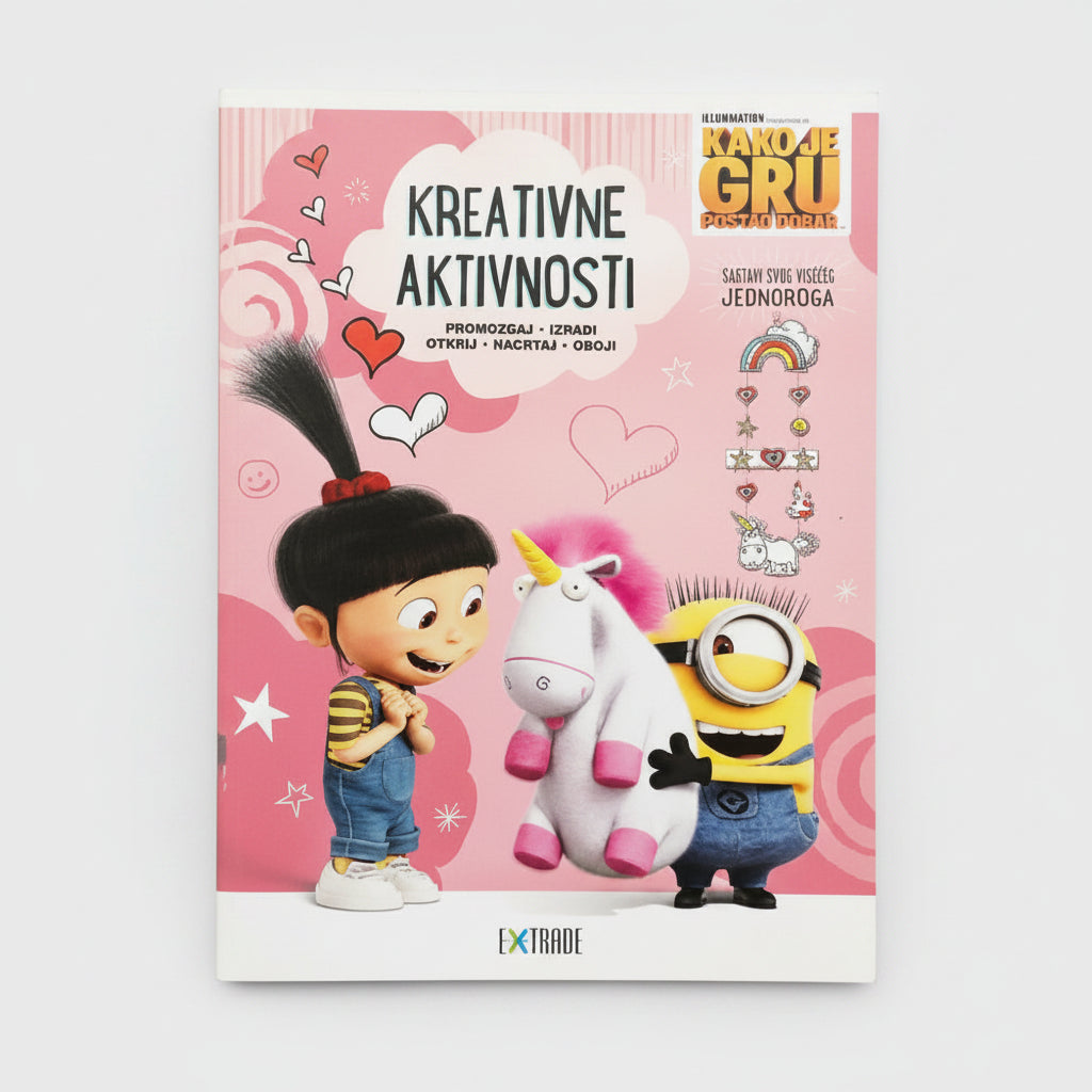 Kako Je GRU Postao Dobar: Kreativne Aktivnosti – Sastavi Jednoroga Book cover with cartoon characters on a pink background