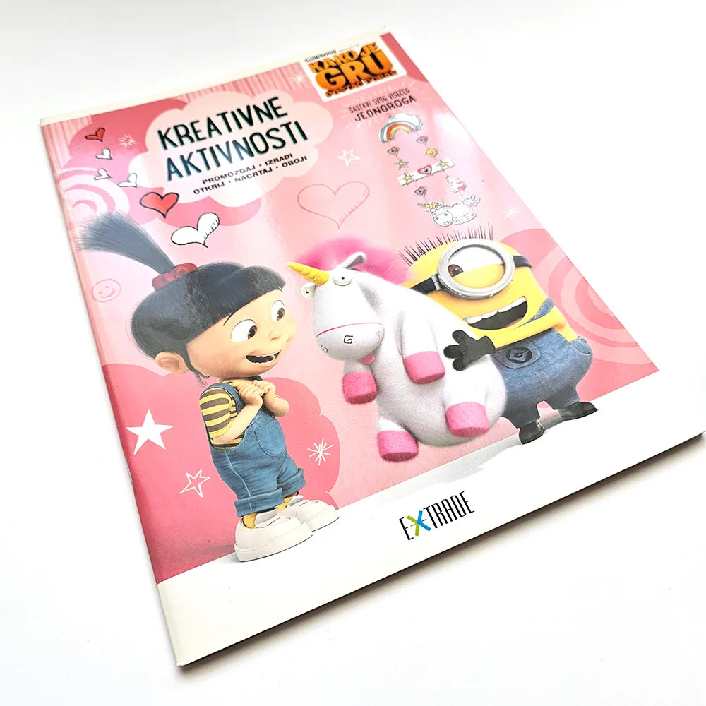 Kako Je GRU Postao Dobar: Kreativne Aktivnosti – Sastavi Jednoroga Children's activity book with cartoon characters on a pink cover