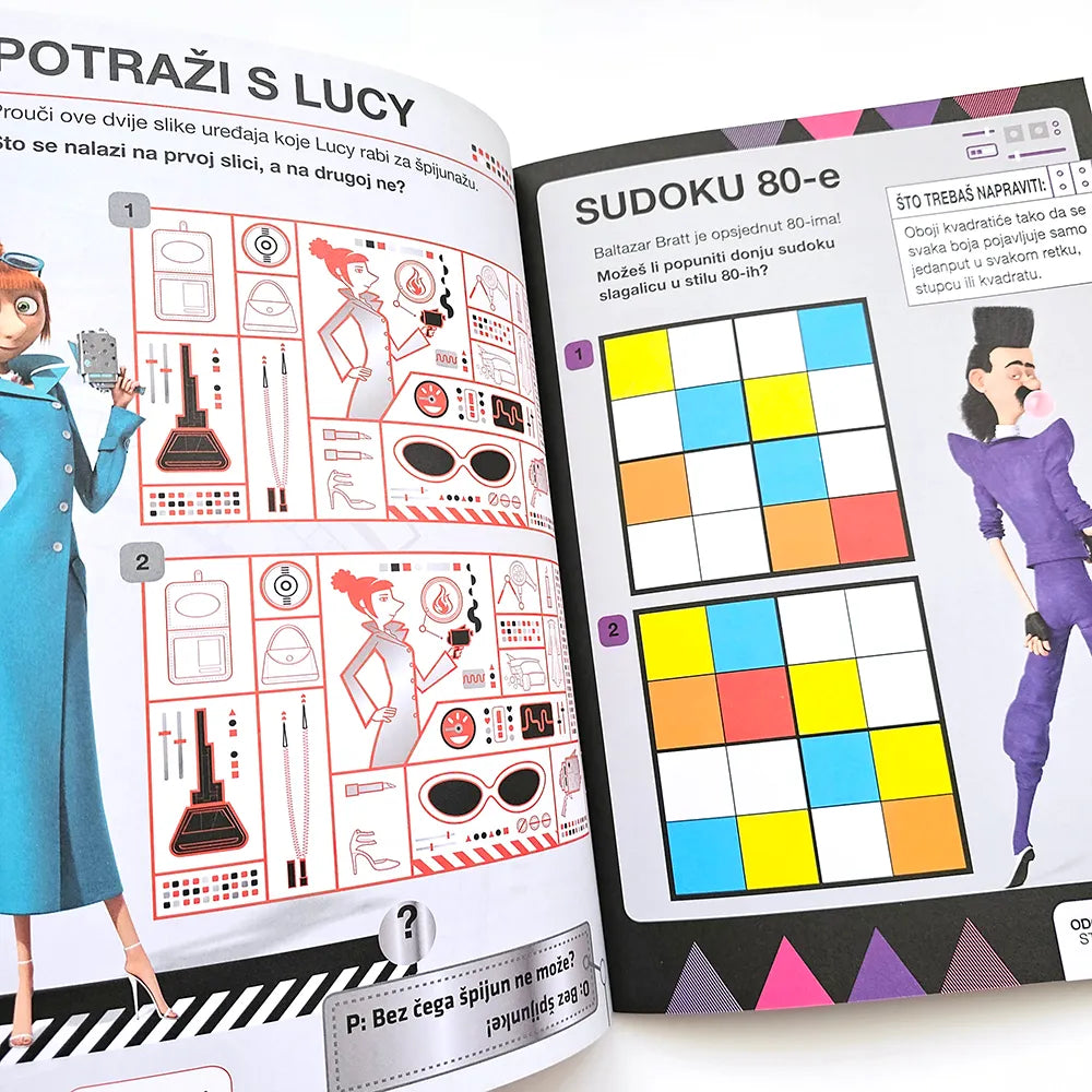 Kako Je GRU Postao Dobar: Kreativne Aktivnosti – Sastavi Jednoroga Open book with illustrations and Sudoku puzzle, featuring a character and colorful grid layout.